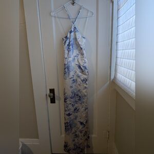 Reformation Myla Silk Floral Halter Maxi Blue White Dress Size 6